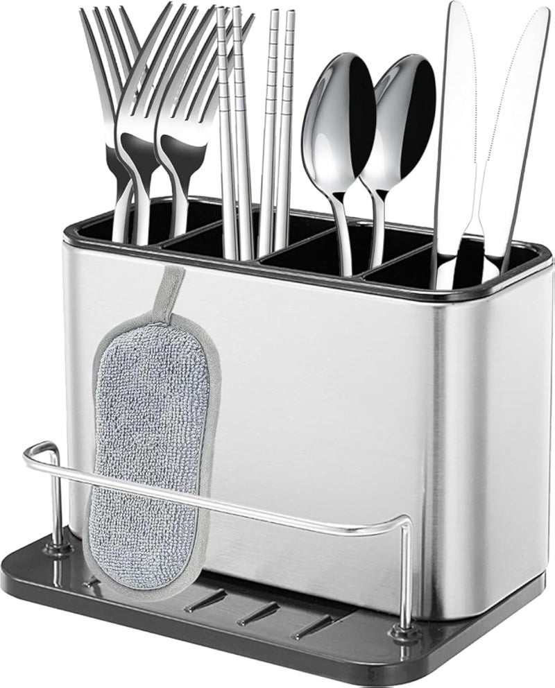 Utensil Holder Cutlery Drainer Sink Caddy, 3 Compact Flatware Organizer Drainer for Flatware/Forks/ Knives/Spoons(Stainless Steel)